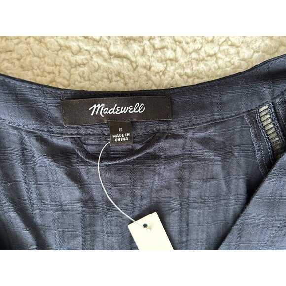 MADEWELL Tie-Waist Tiered Midi Dress Windowpane Navy Blue Button Up Size 8 - Picture 10 of 16